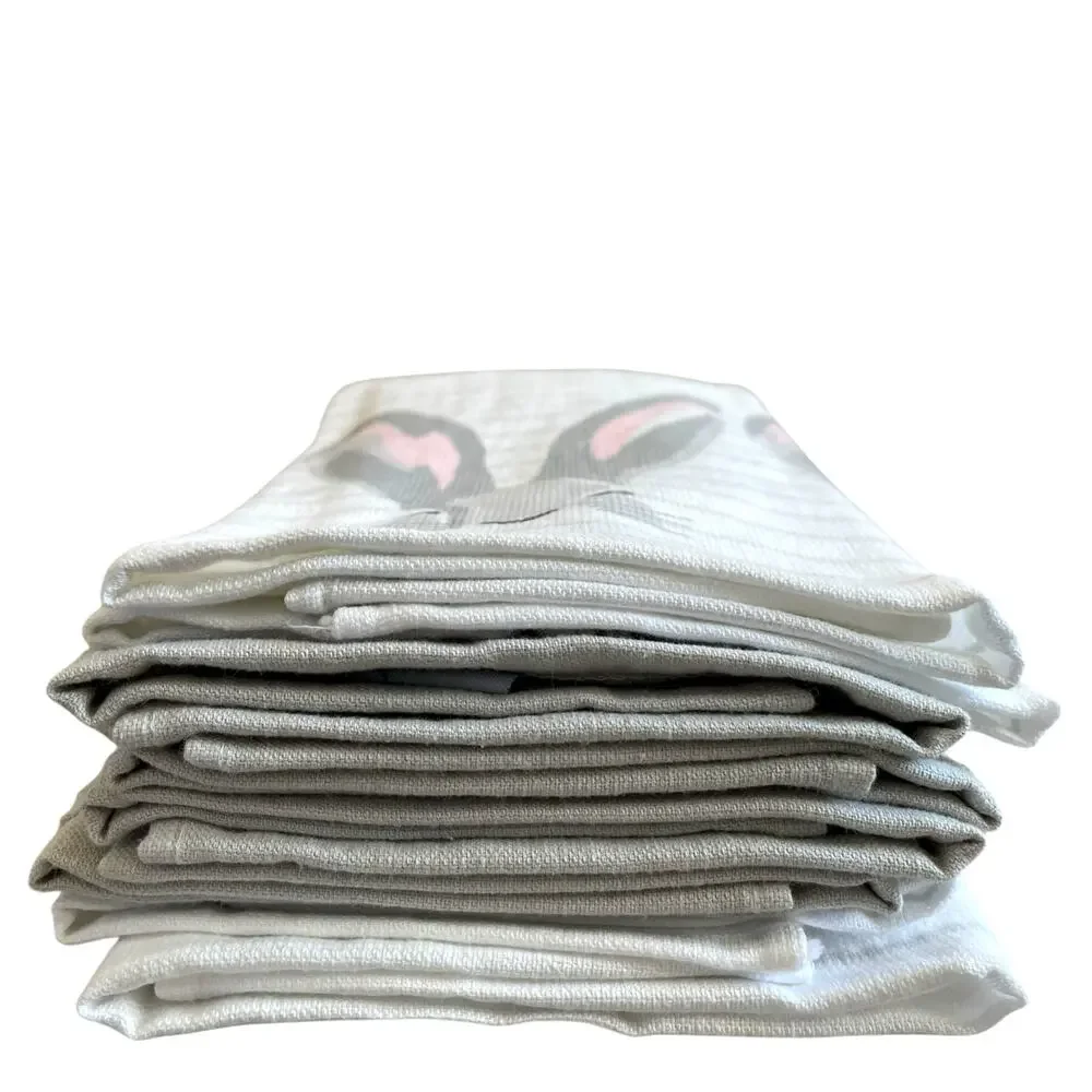La Cuisine EASTER Bunny Cotton Kitchen Towels Set of 4 Gray & White Stripe New